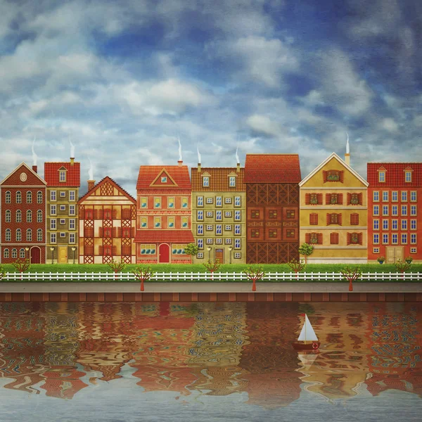Ilustração de uma cidade fofa no rio — Fotografia de Stock