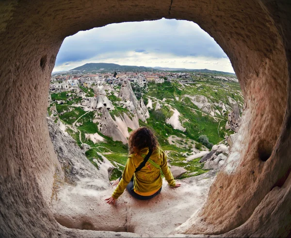 Woman sitting in Cappadocia valley of Turkey — Stock Photo, Image