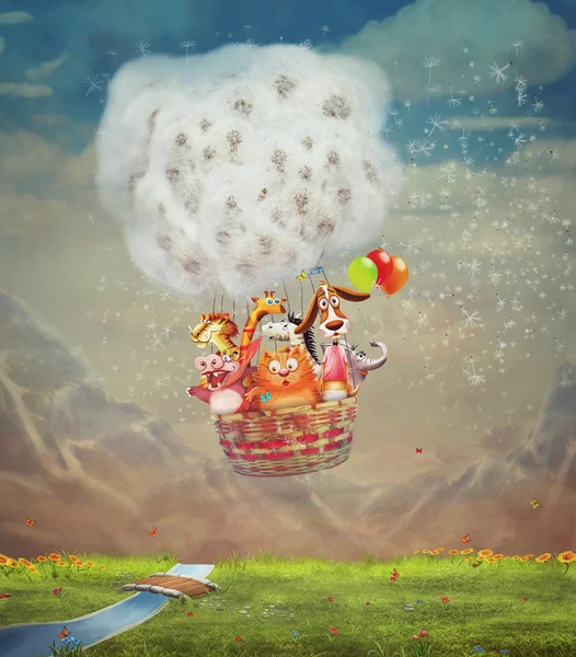 Dieren in de luchtballon over groene veld in de hemel — Stockfoto