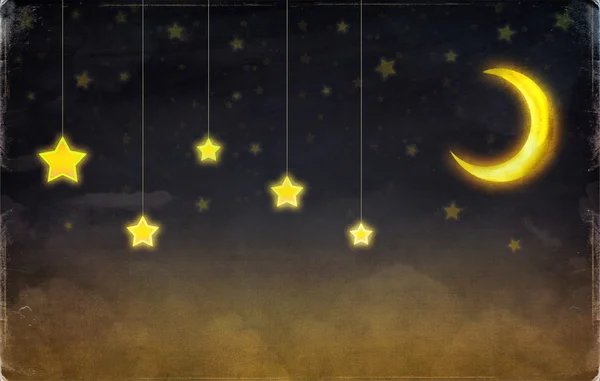 梦幻般的月亮和星星在夜空的绳索 — 图库照片