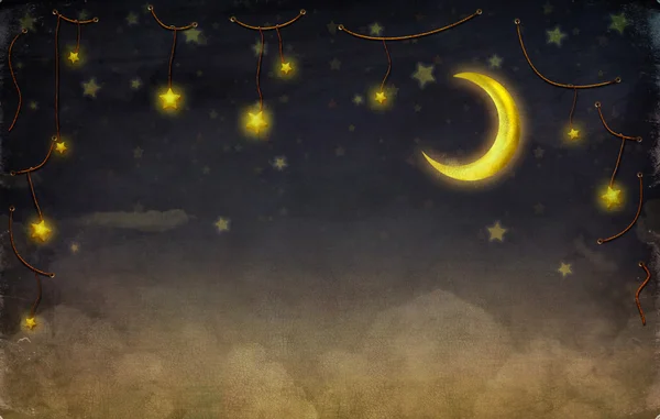 Φανταστική φεγγάρι και αστέρια στο σχοινί στο νυχτερινό ουρανό — Φωτογραφία Αρχείου