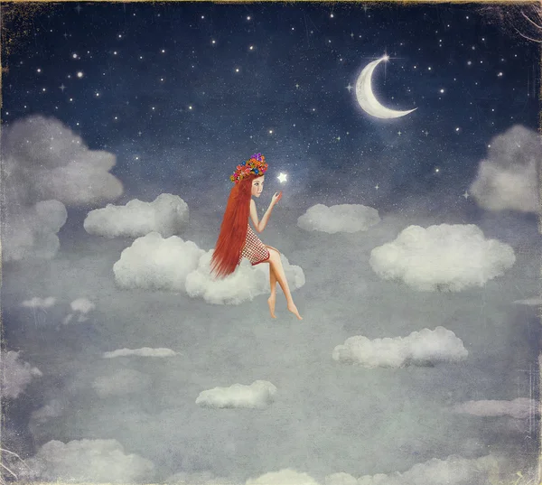 Image d'une jeune femme sur un nuage, étoile éclairée dans le ciel nocturne — Photo