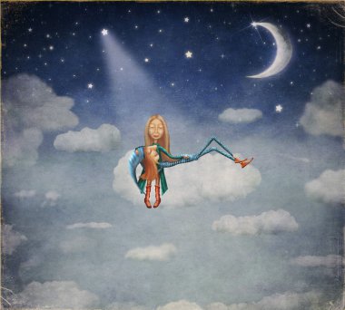 Bir erkek ve bir kız ışığında bulut üzerinde oturan 