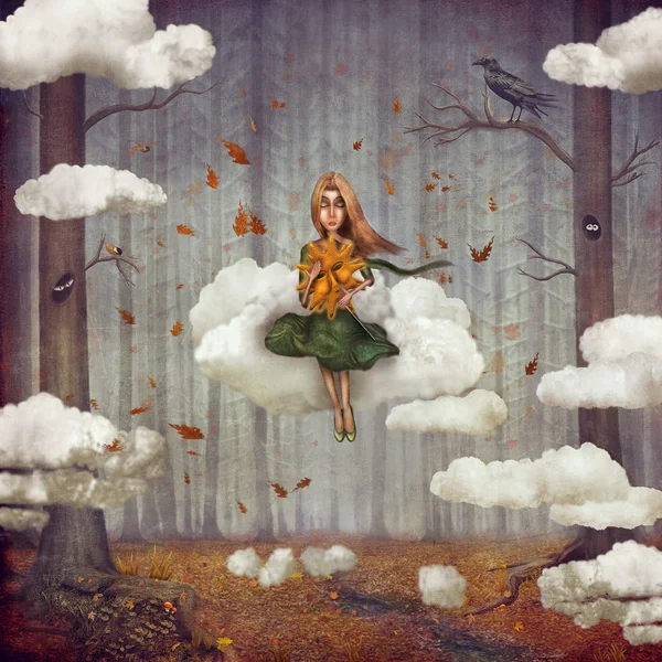 La petite fille est assise sur un nuage dans la forêt d'automne — Photo