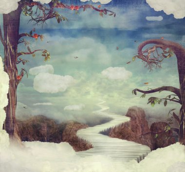 Şehir çocuk fantastik bulutlar gökyüzünde