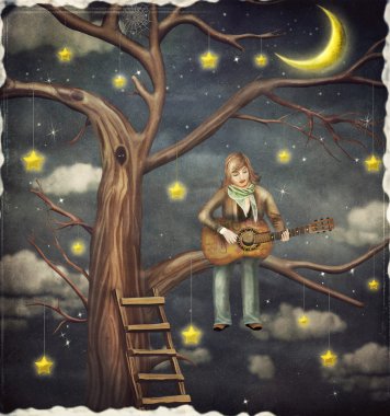 Çocuk ağaçta oturuyor ve gitarda çalıyor