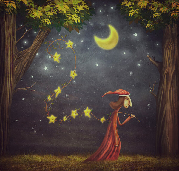 Иллюстрация, показывающая волшебника, собирающего звезды в лесу
