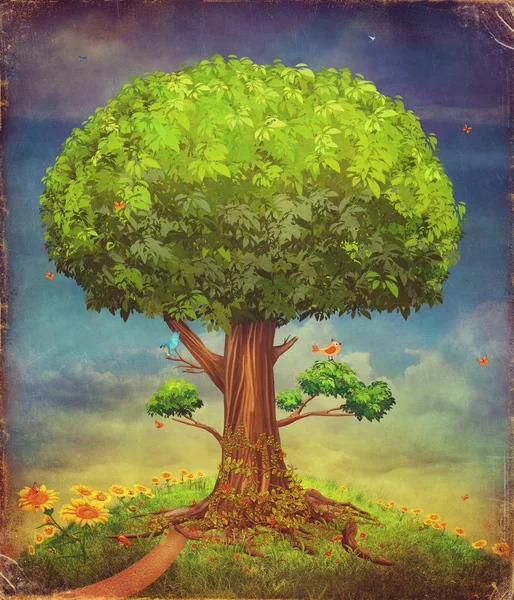 Illusztráció egy nagy fa. Nyári háttér — Stock Fotó