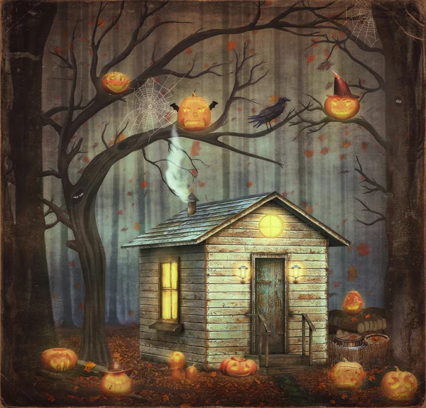 Oud huis in een Sprookjesbos onder bomen en eng halloween — Stockfoto