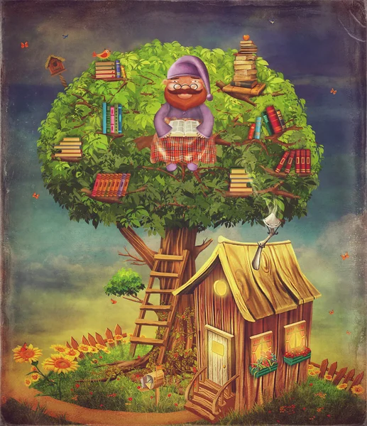 Иллюстрация пожилого человека, сидящего на дереве и читающего бо — стоковое фото