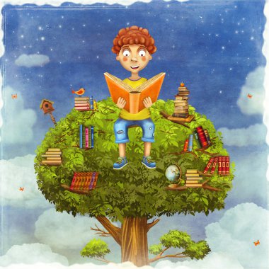 Genç çocuk bir ağaçta oturuyor çizimi ve bir kitap okur 