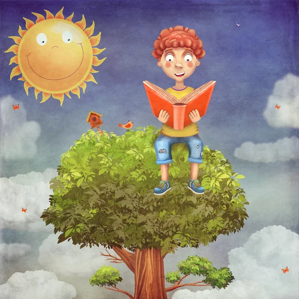 Obrázek malý chlapec sedí na stromě a čte knihu — Stock fotografie