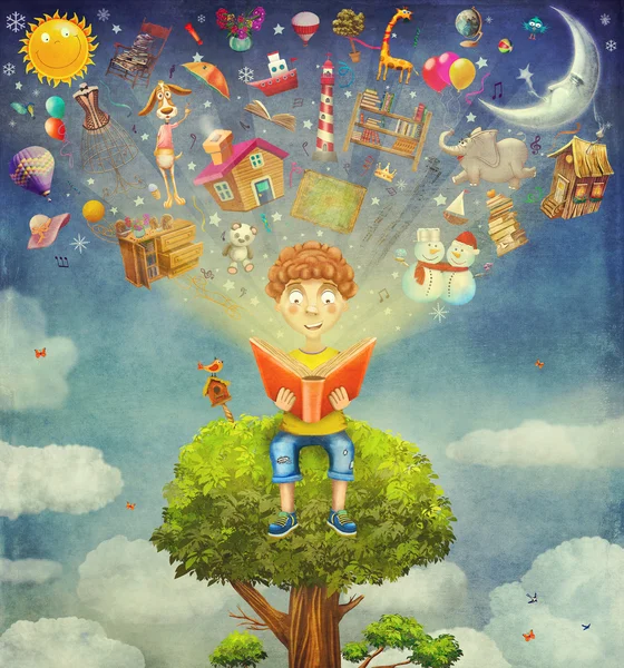 Little boy sitting on the tree and  reading a book, objects flyi — Stock Photo, Image