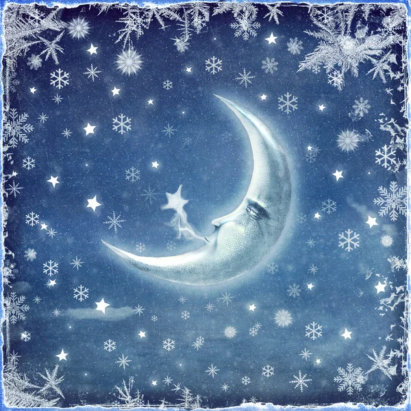 Αφηρημένα φόντο Χριστούγεννα με νιφάδες χιονιού και φεγγάρι — Φωτογραφία Αρχείου