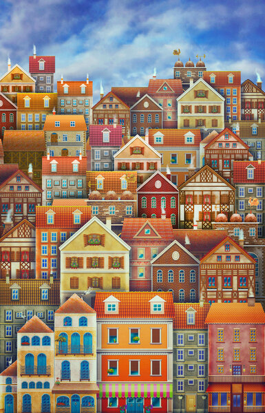 Cute City Street Scene ,Many Houses — Stock Photo, Image