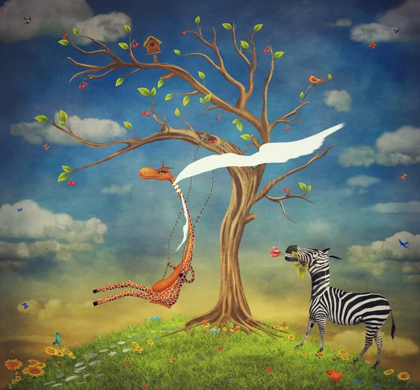 Az ábrán egy zsiráf és egy zebra romantikus kapcsolata Stock Kép