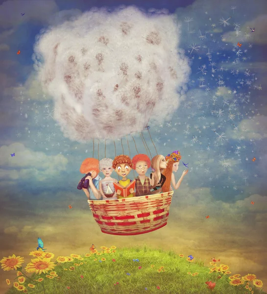 De gelukkige kinderen in de luchtballon van de in de hemel - illustratie ar — Stockfoto