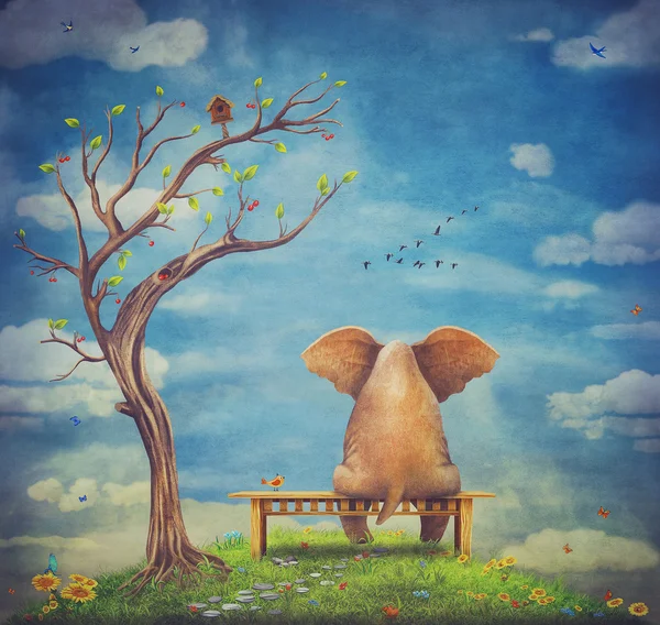 Sad elephant sitting on a bench on the glade — Stock Photo, Image