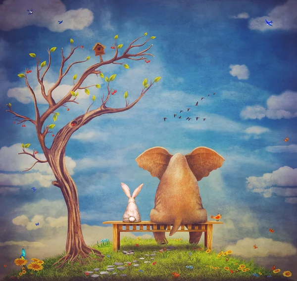 Elephant and rabbit sit on a bench on the glade — Stock Photo, Image