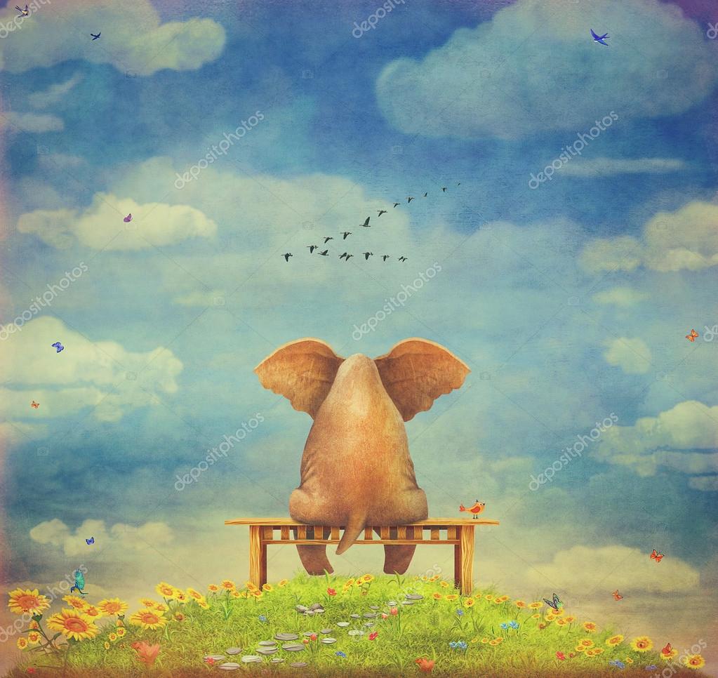 Sad elephant sitting on a bench on the glade — Stock Photo © natamc