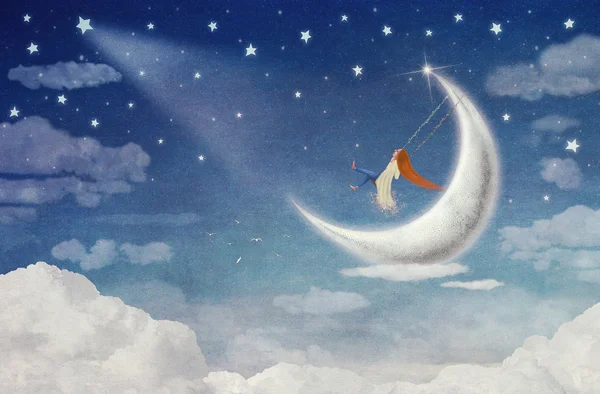 Fairy  riding  on a swing on the moon in the sky — Stock Photo, Image