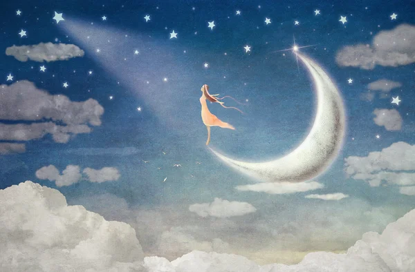 Chica en la luna admira el cielo nocturno - ilustración de arte —  Fotos de Stock