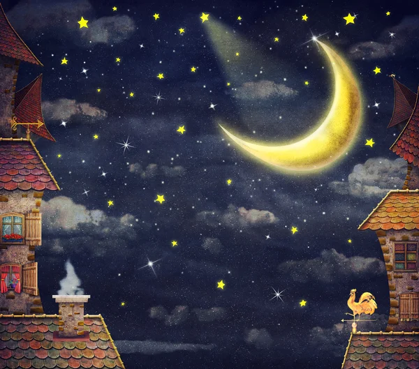 Fragment of a city . Tile Roofs with night sky and moon