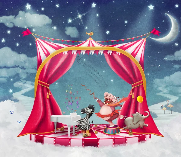 在舞台上可爱马戏团的动物在天空中的插图 — 图库照片