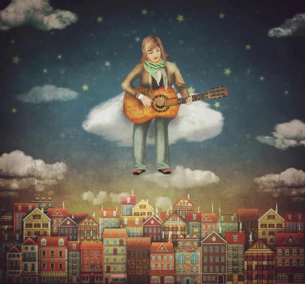 Illustration of  cute houses  with a man that plays on the guitar — Stock Photo, Image