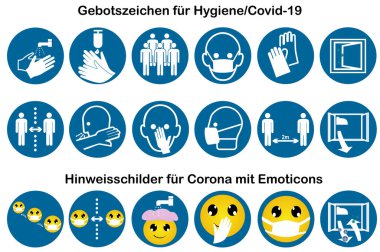 Covid-19 için zorunlu tabelaların toplanması ve duygu simgeli bilgi tabelaları. Vektör dosyası