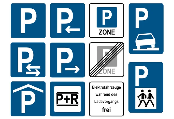 Colección Con Señales Aparcamiento Texto Alemán Vehículos Eléctricos Gratis Mientras — Vector de stock