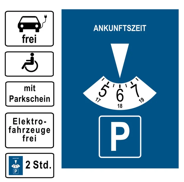 Parkovací Disk Různými Dodatečnými Značkami Německý Text Zdarma Parkovacím Lístkem — Stockový vektor