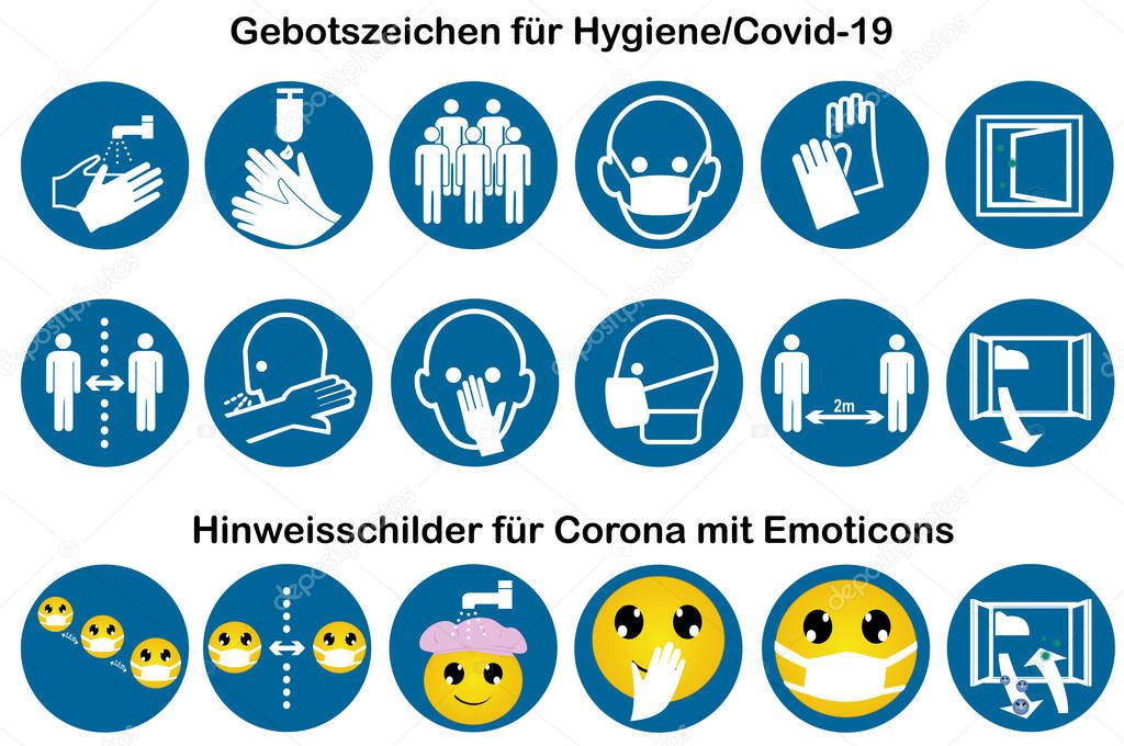 Collection of mandatory signs for Covid-19 and information signs with emoticons. Vector file
