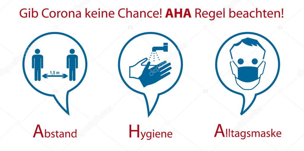 Signs against Covid-19. German text: Don't give Corona a chance! Aha rule heed! (distance, hygiene, everyday mask). Vector