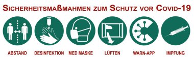 Banner with security measures against Corona. Text in German (safety measures to protect against Covid-19 and distance, disinfection, medical mask, ventilation, warning app, vaccination). Vector file clipart