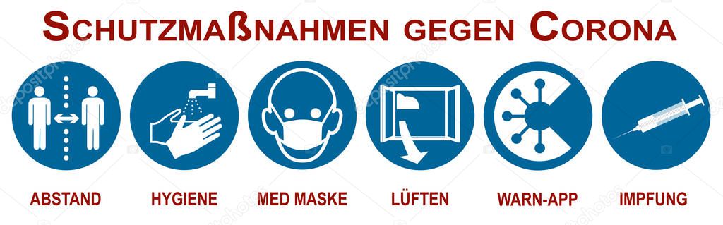 Banner with protective measures against Covid-19. Text in German (protective measures against corona and distance, hygiene, medical mask, ventilation, warning app, vaccination). Vector file
