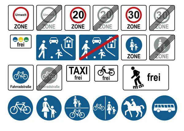 Trafik işaretleri ayarlandı. Özel güzergahlar, trafik sakin bölgeler ve çevre bölgeleri. Almanca metin: Çevre, özgür, taksi, Fahradstrasse, Bölge. Vektör dosyası