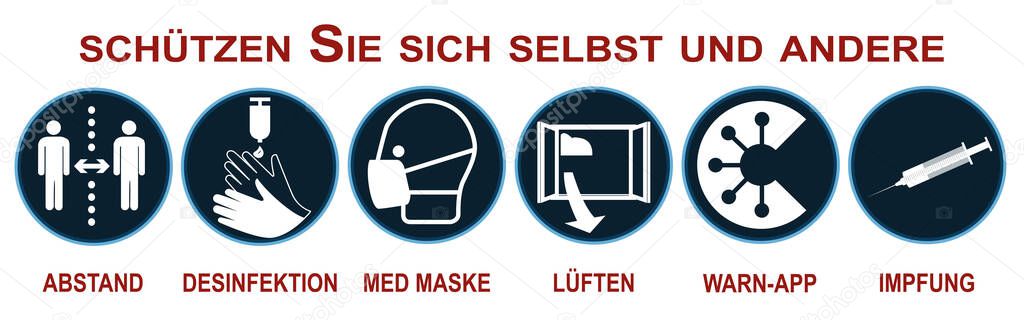 Banner with security measures to protect against Covid-19. With German text (protect yourself and others. Distance, disinfection, medical mask, ventilation, warning app, vaccination. Vector