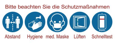 Covid-19 'a karşı koruyucu önlemlerle bilgi işaretleri. Almanca metin: Lütfen koruyucu tedbirlere dikkat edin. Mesafe, hijyen, tıp. Maske, havalandırma, hızlı test. vektör