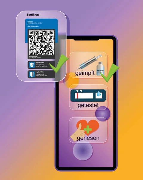 Telemóvel Com Certificado Vacinação Digital Texto Alemão Certificado Covid Vacinado — Vetor de Stock