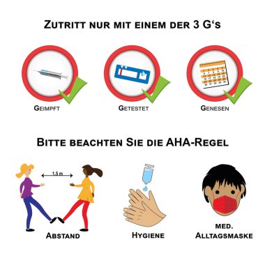 Covid-19 'a karşı 3 G ve AHA kurallarını imzalayın. Almanca metin (sadece 3G 'lerden biriyle erişim, aşılanmış, test edilmiş, kurtarılmış), (Lütfen AHA kuralına, mesafeye, hijyene dikkat edin. Tıbbi günlük maske). vektör