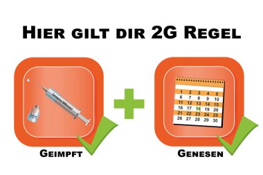 2G kuralını imzalayın. Almanca metin (2G kuralı burada uygulanır, aşılanmıştır, kurtarılmıştır). vektör