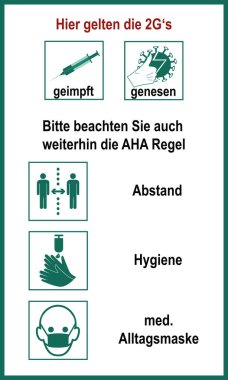 Covid-19 'a karşı 2G ve AHA kuralları hakkında bilgi, vektör. Almanca metin (2G 'ler, aşılanmış, kurtarılmış), (Lütfen AHA kuralına, mesafeye, hijyene, tıbbi maskeye dikkat edin))
