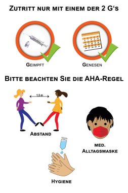 Covid-19 'a karşı 2G ve AHA kurallarıyla bilgi işareti, vektör. Almanca metin (sadece 2G 'lerden biriyle erişim, aşılanmış, kurtarılmış), (Lütfen AHA kuralına, mesafeye, hijyene, tıbbi maskeye dikkat edin))