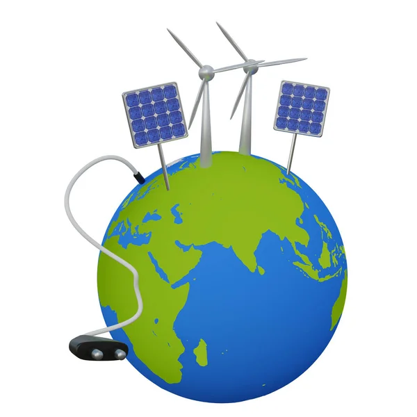 Koncepcja Energii Odnawialnej Ziemia Turbinami Wiatrowymi Ogniwami Słonecznymi Dużymi Wtykami — Zdjęcie stockowe