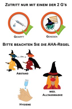 Cadılar Bayramı için 2G ve AHA kuralları. Almanca metin (sadece 2 G 'den biriyle erişim, aşılanmış, kurtarılmış), (Lütfen AHA kuralına, mesafeye, hijyene, tıbbi günlük maskeye dikkat edin). vektör