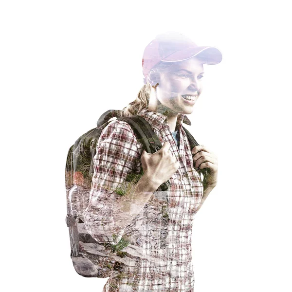 Double exposure of hiker and nature — Stock Photo, Image