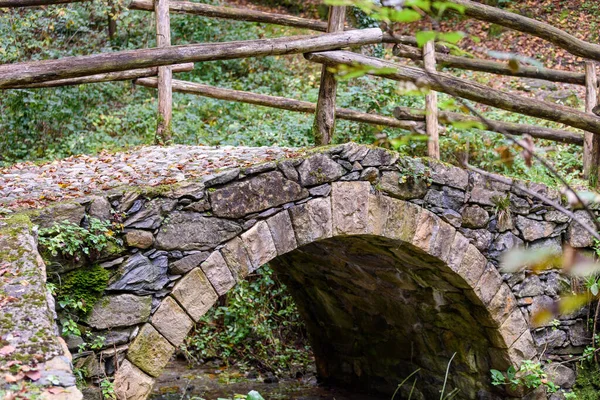 Old Arch Bridge Mountain Stream Mountain Path Wooden Fence — Stock Photo, Image