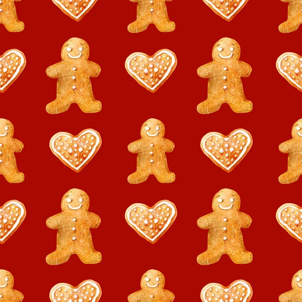 面白いジンジャーブレッドクッキーとクリスマスシームレスな背景,深い赤の心. — ストック写真