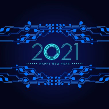 Mutlu yıllar 2021 metin tasarımı. Gelecekçi teknoloji geçmişi. Vektör illüstrasyonu